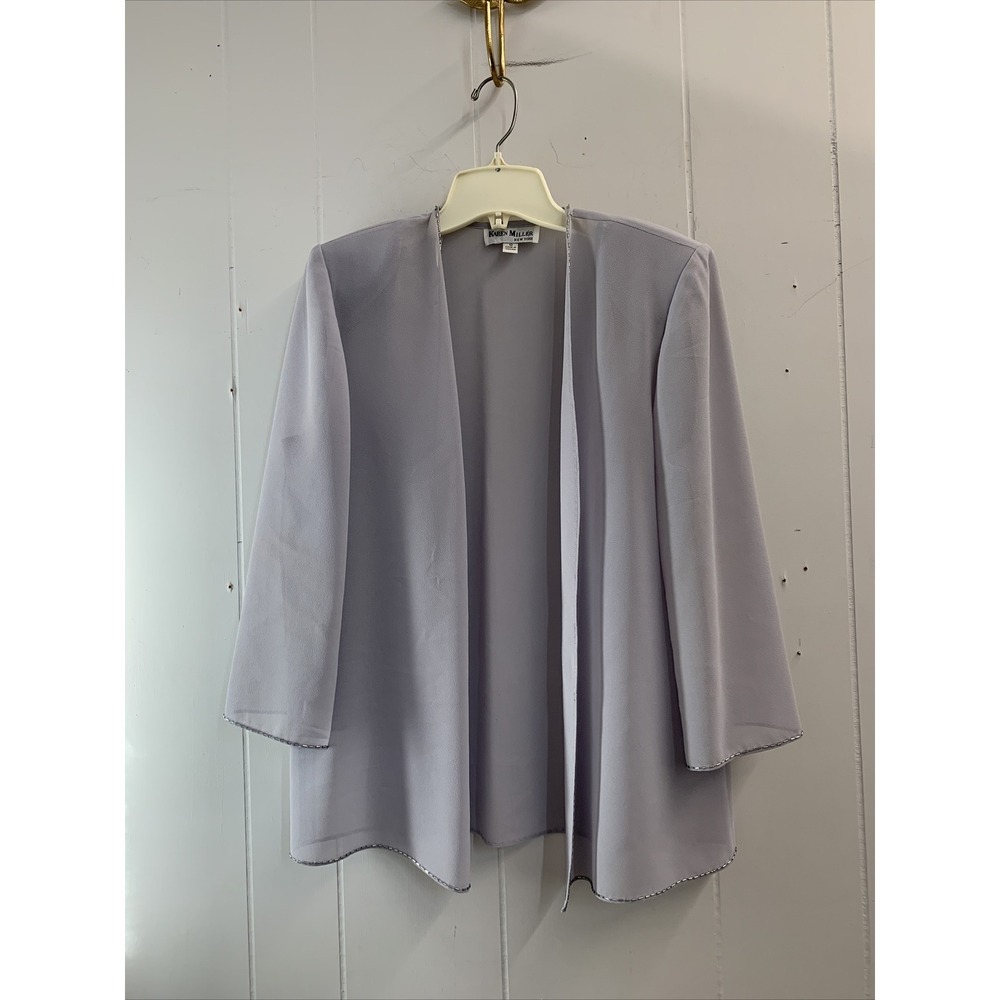 Karen Miller Blazer Jacket Size 12 Light Grey Beaded Dress Vintage Shoulder Pads